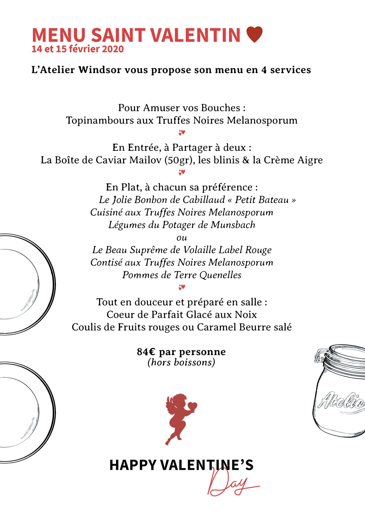 menu de la Saint Valentin 2020 Atelier Windsor Luxembourg